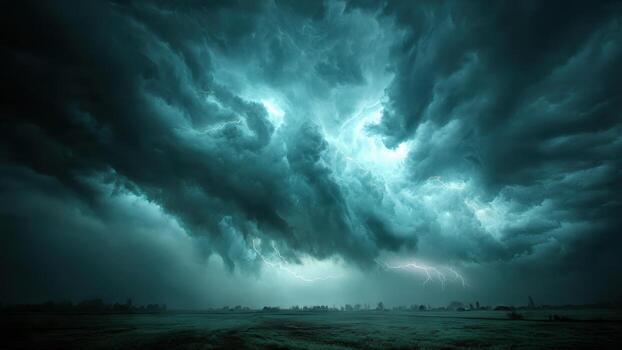 A dramatic storm rolls in over a dark stormy sky with lightning illuminating turbulent clouds photo