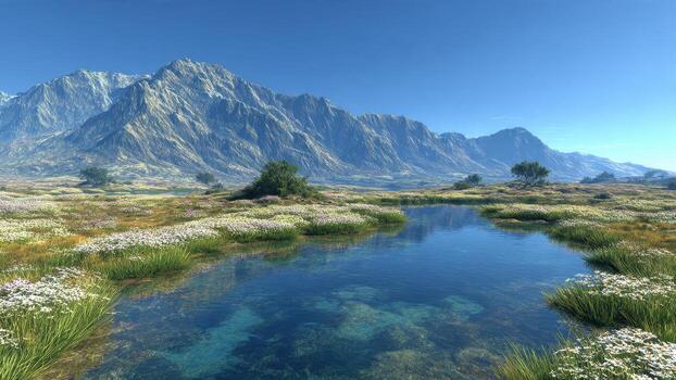 Vast mountain range panorama overlooking a serene alpine meadow with a clear shallow lake photo