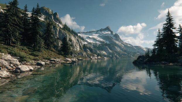 Serene mountain lake reflects snow capped peaks and evergreen trees under a bright blue sky with scattered clouds photo
