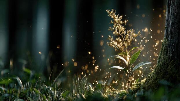 A delicate plant emerges from mossy ground near a tree trunk with glowing particles floating in a dark forest photo