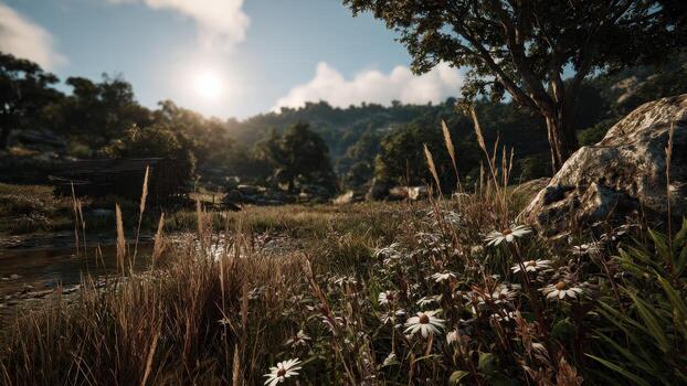 Sunlit rustic cabin beside a stream with wildflowers and tall grass in a verdant landscape photo