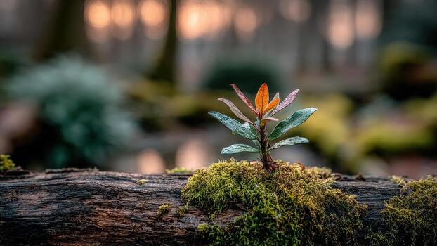 A small plant with colorful leaves grows on a moss covered log in a forest photo