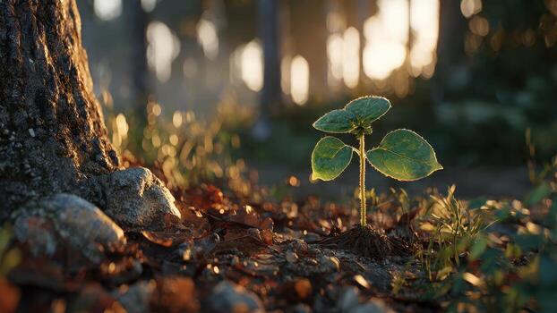 Young green seedling emerges from soil next to large tree trunk bathed in soft sunlight photo