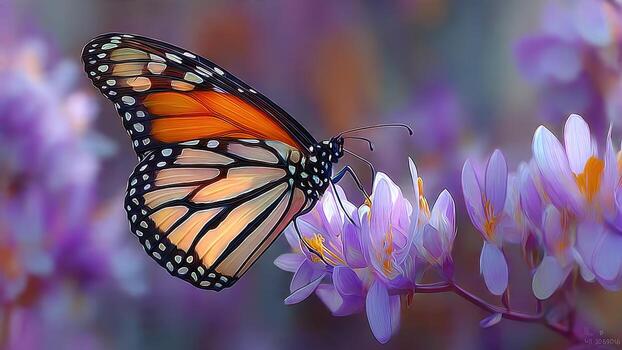 Monarch butterfly rests on delicate purple blossoms against a soft bokeh background photo