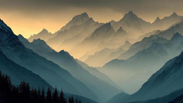 Jagged mountain peaks recede into misty valleys bathed in warm hazy sunlight and cool blue shadows photo