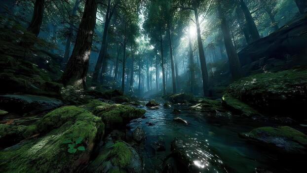 Sunbeams filtering through a dense forest onto a moss covered rocky stream photo