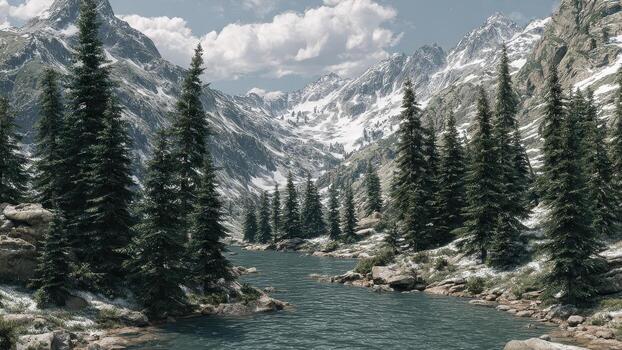 Serene alpine lake reflects snow capped mountains and dense evergreen forest under a cloudy sky photo