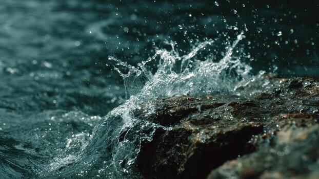 Water splashes against a dark textured rock in a dynamic movement spray photo