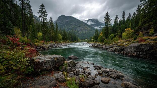 A scenic view of a fast flowing river through a dense forest with mountains in the background under a cloudy sky photo
