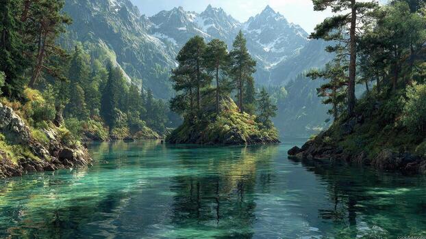 Majestic mountain range overlooks a serene turquoise lake with a small tree covered island photo