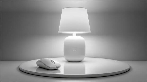 A modern white desk lamp illuminates a white computer mouse on a circular stand photo