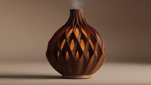 Ornate wooden aroma diffuser emitting steam lit from within with warm orange light photo
