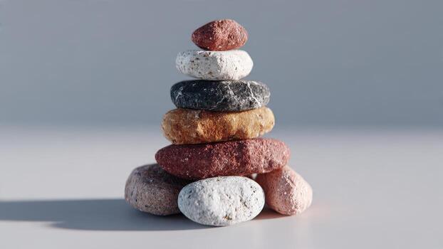 Stacked multicolored pebbles creating a balanced tower against a soft gray background photo