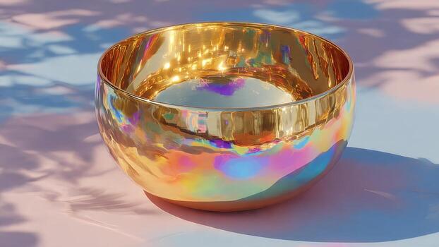 A golden iridescent crystal bowl reflects abstract colorful light patterns and soft shadows photo