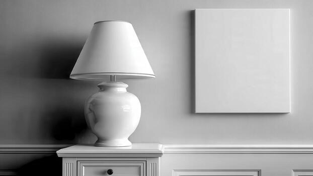 A white ceramic table lamp sits on a white nightstand next to a textured wall with a blank canvas photo