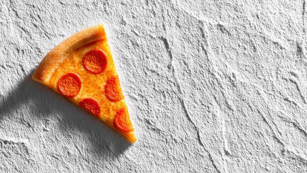 Single slice of pepperoni pizza with melted cheese sits on a textured white surface photo