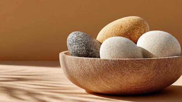 A wooden bowl filled with smooth round stones and a patterned shadow on a muted background photo
