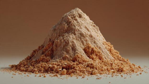 A large pile of finely ground light brown powder resembling breadcrumbs or dried spices against a plain background photo