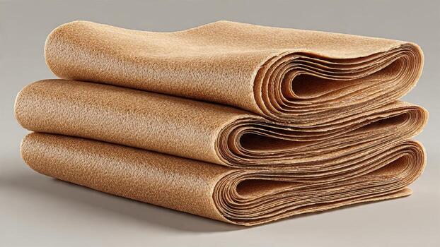 Stack of brown textured paper sheets folded neatly with curved edges studio shot photo