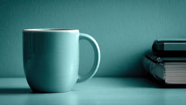 un soltero verde azulado jarra se sienta en un a rayas superficie siguiente a un apilar de libros taza foto