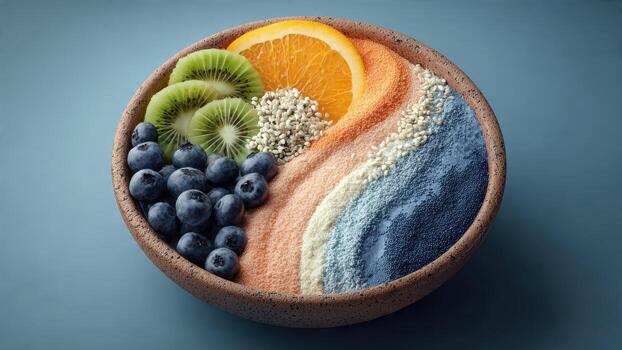 A bowl of blueberries kiwi slices orange segment and colorful powders arranged in stripes photo