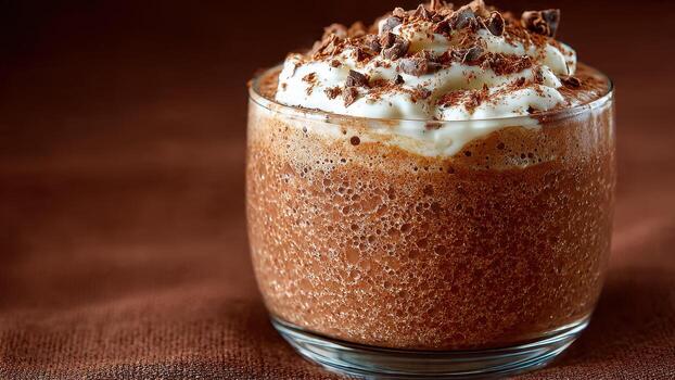 Close up of a refreshing chocolate frappe topped with whipped cream and chocolate shavings photo