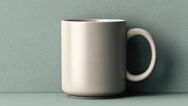 A clean plain ceramic mug with a rounded handle sits against a textured blue green background photo