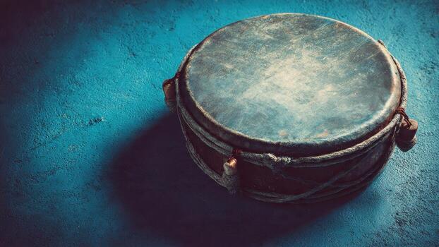 Close up view of a traditional weathered drum with rope lacing on a textured blue surface photo