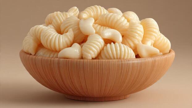 A wooden bowl overflows with cooked pasta shapes including gnocchi and fusilli on a plain background photo