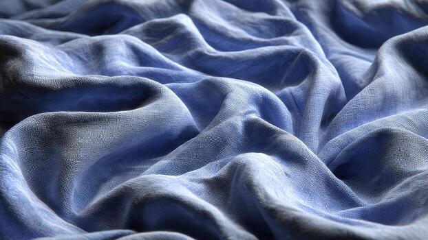 Close up view of draped blue textured fabric with soft shadows and light creating depth photo