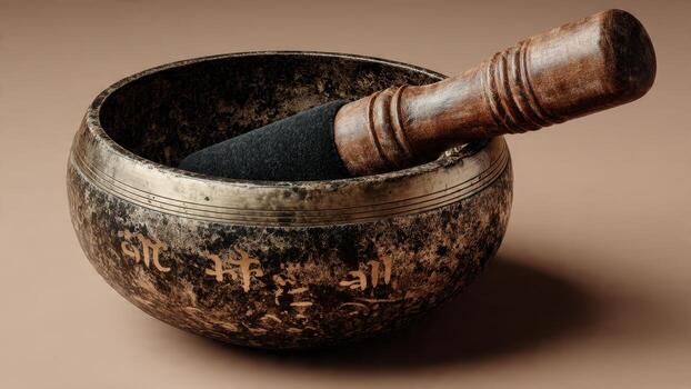 Antique Tibetan singing bowl with wooden striker resting inside adorned with ancient script engravings photo