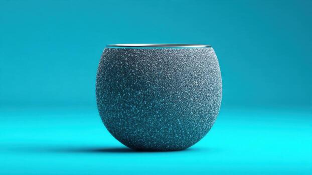 A round textured object with a metallic rim sits on a solid bright blue background photo