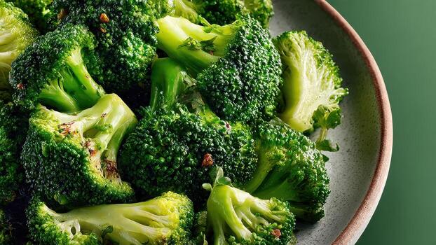 Freshly cooked broccoli florets in a rustic bowl with a plain green background photo