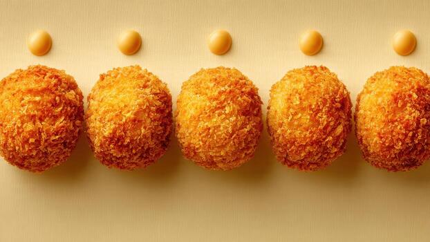 Five golden brown breaded croquettes arranged in a horizontal line with yellow dots above photo