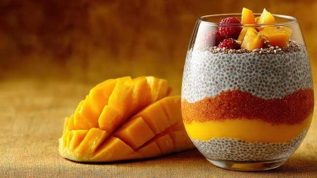 Layered chia seed pudding with mango and raspberries in a glass next to sliced mango photo