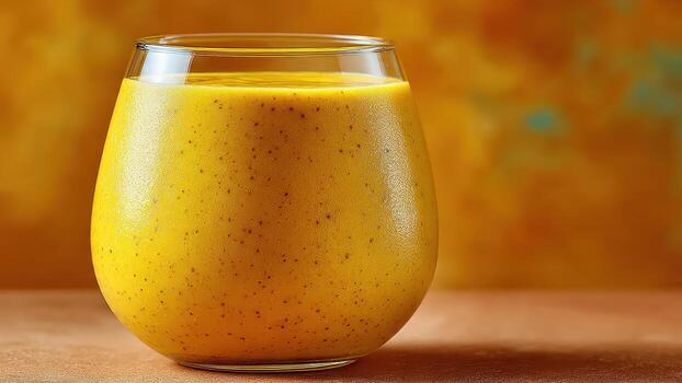 A refreshing yellow smoothie in a clear glass speckled with small dark particles set against a warm abstract background photo