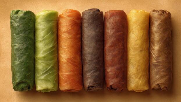 Seven colorful spring rolls arranged in a row on a textured brown surface photo