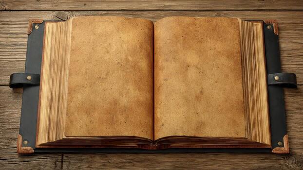 An open antique book with aged blank parchment pages rests on a rustic wooden surface its cover secured with a strap photo