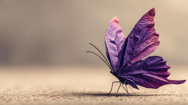 Purple origami butterfly on textured surface with soft bokeh background 87 characters photo