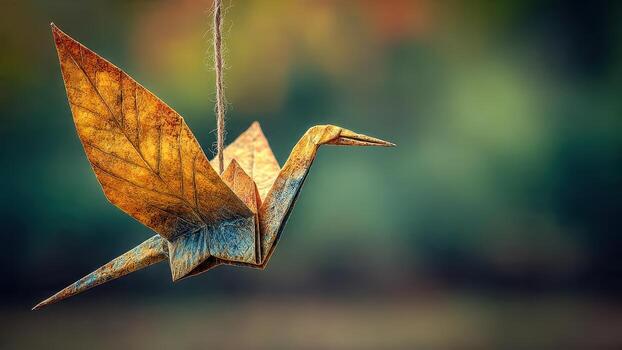 A single origami crane crafted from textured paper hanging by a thread against a softly blurred natural background photo