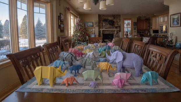 Many colorful origami animals including elephants arranged on a dining table with a Christmas tree in the background photo