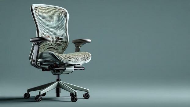 Ergonomic mesh office chair with adjustable armrests and a wheeled base against a solid background photo