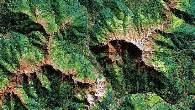 Top view of lush green mountainous terrain with deep canyons and winding rivers below photo