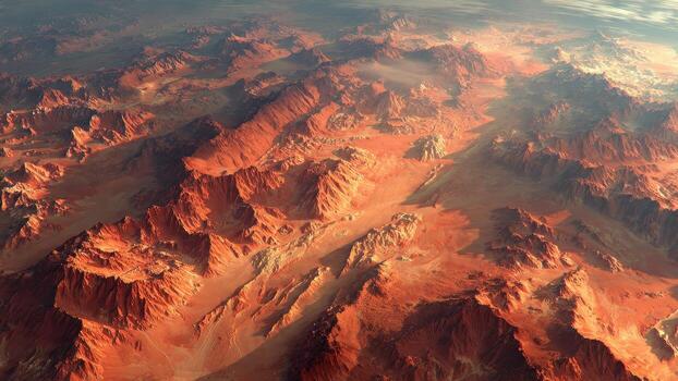 Vast alien landscape with rugged mountains valleys and atmospheric haze under a distant sky photo