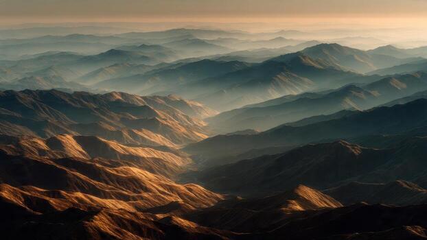 Layered mountain ranges shrouded in atmospheric mist illuminated by golden sunlight photo