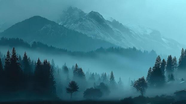 Misty pine forest with snow capped mountains and a hint of building structures photo