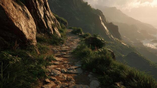 Stone path winds along a steep green mountainside overlooking a sparkling ocean at sunset photo