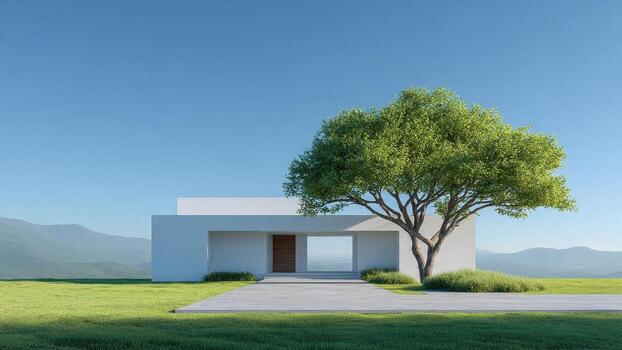 Modern white building with a large tree and distant mountains under a clear blue sky photo
