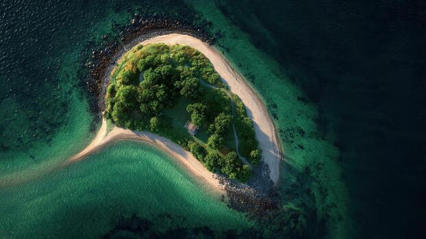 An isolated tree covered island with a sandy beach and clear turquoise ocean water photo