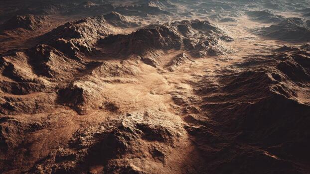 Rugged barren mountain ranges under a hazy sunlit sky showing textured terrain photo